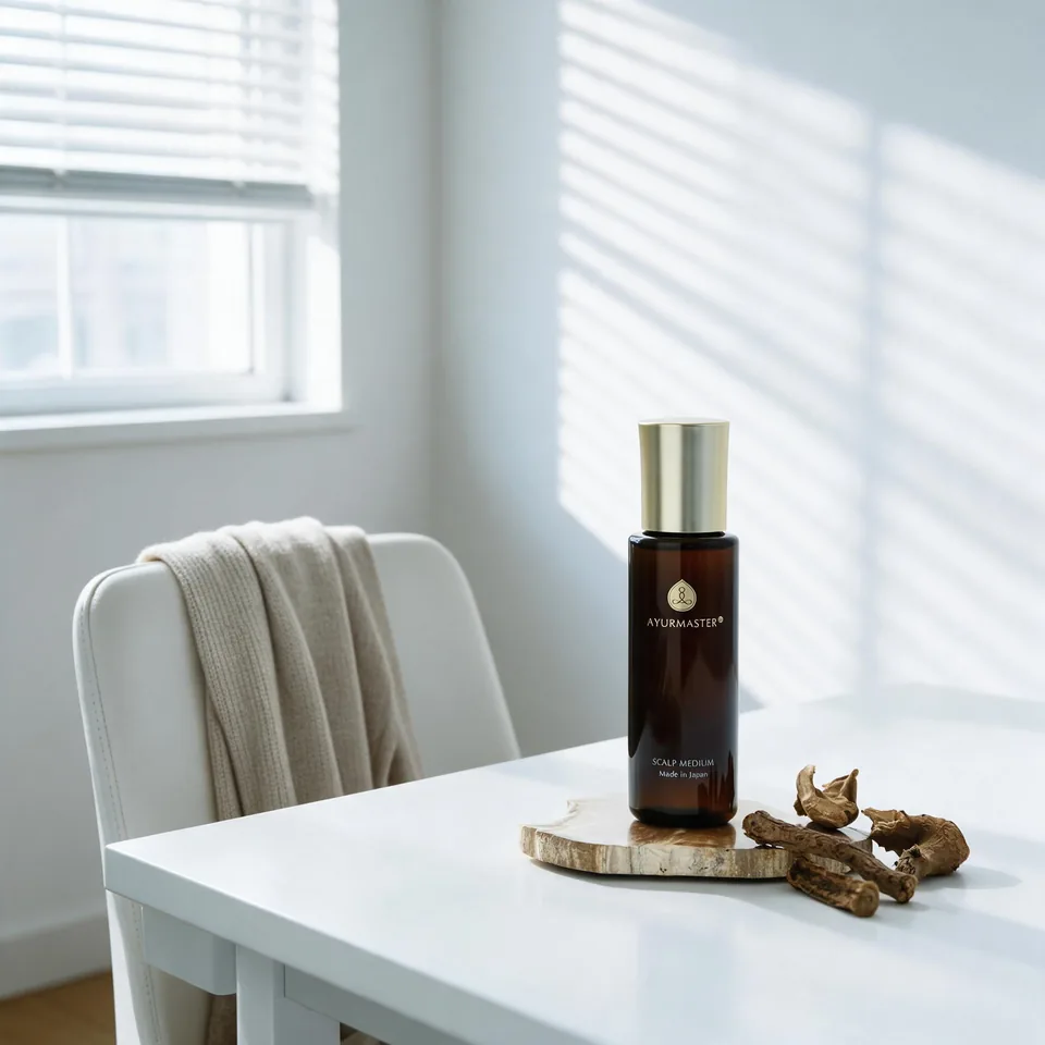 AYURMASTER Scalp Medium on an office desk, with a cardigan over the chair