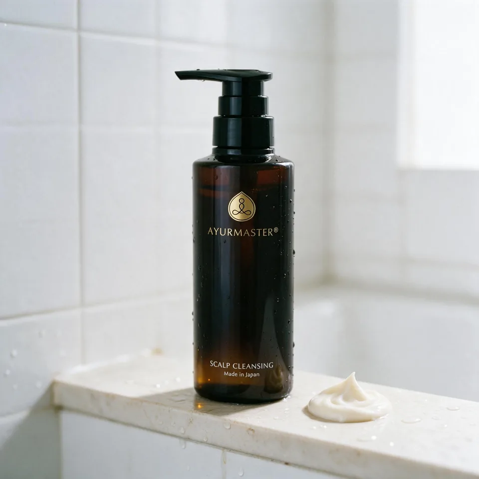 AYURMASTER Scalp Cleansing on a shower ledge beside a swirl of cream