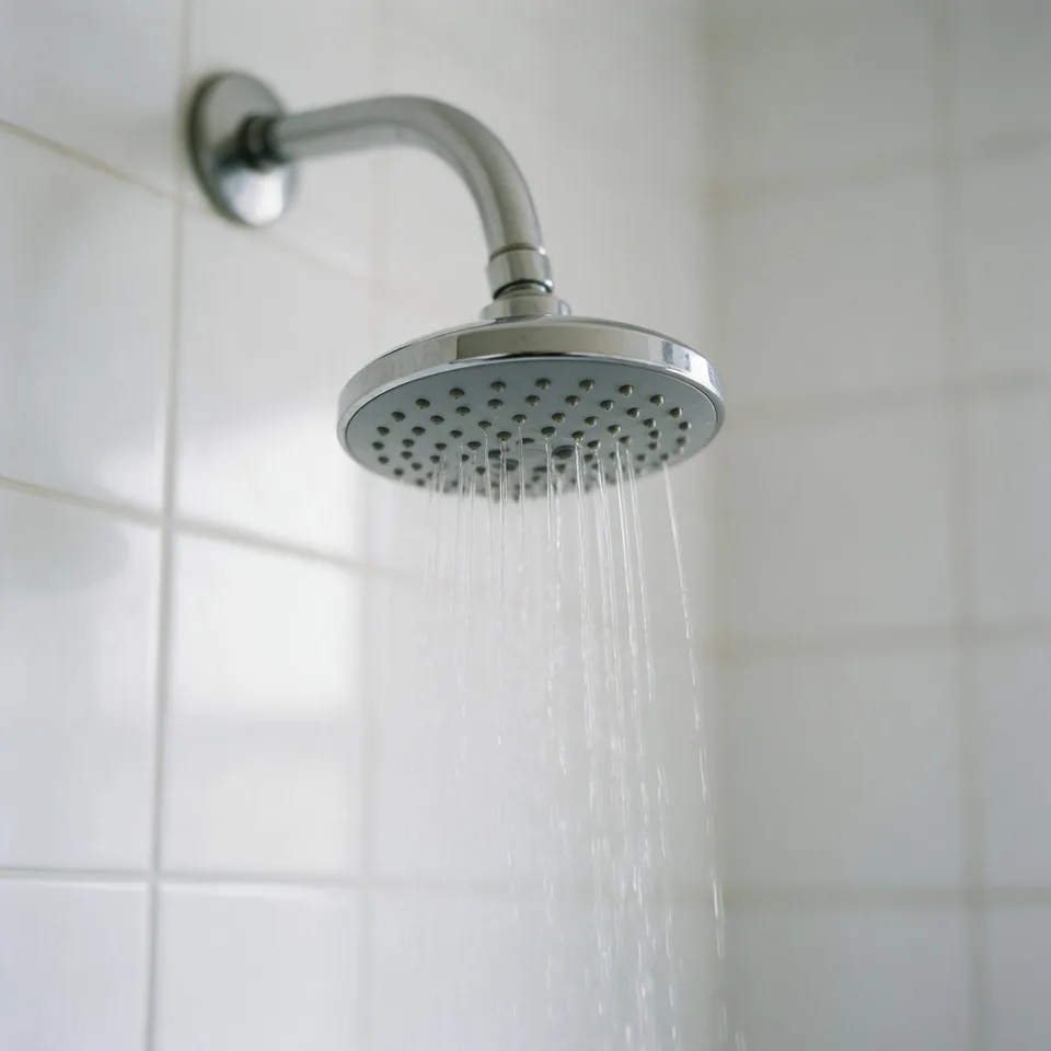Water falling from a rain shower head against white tiles