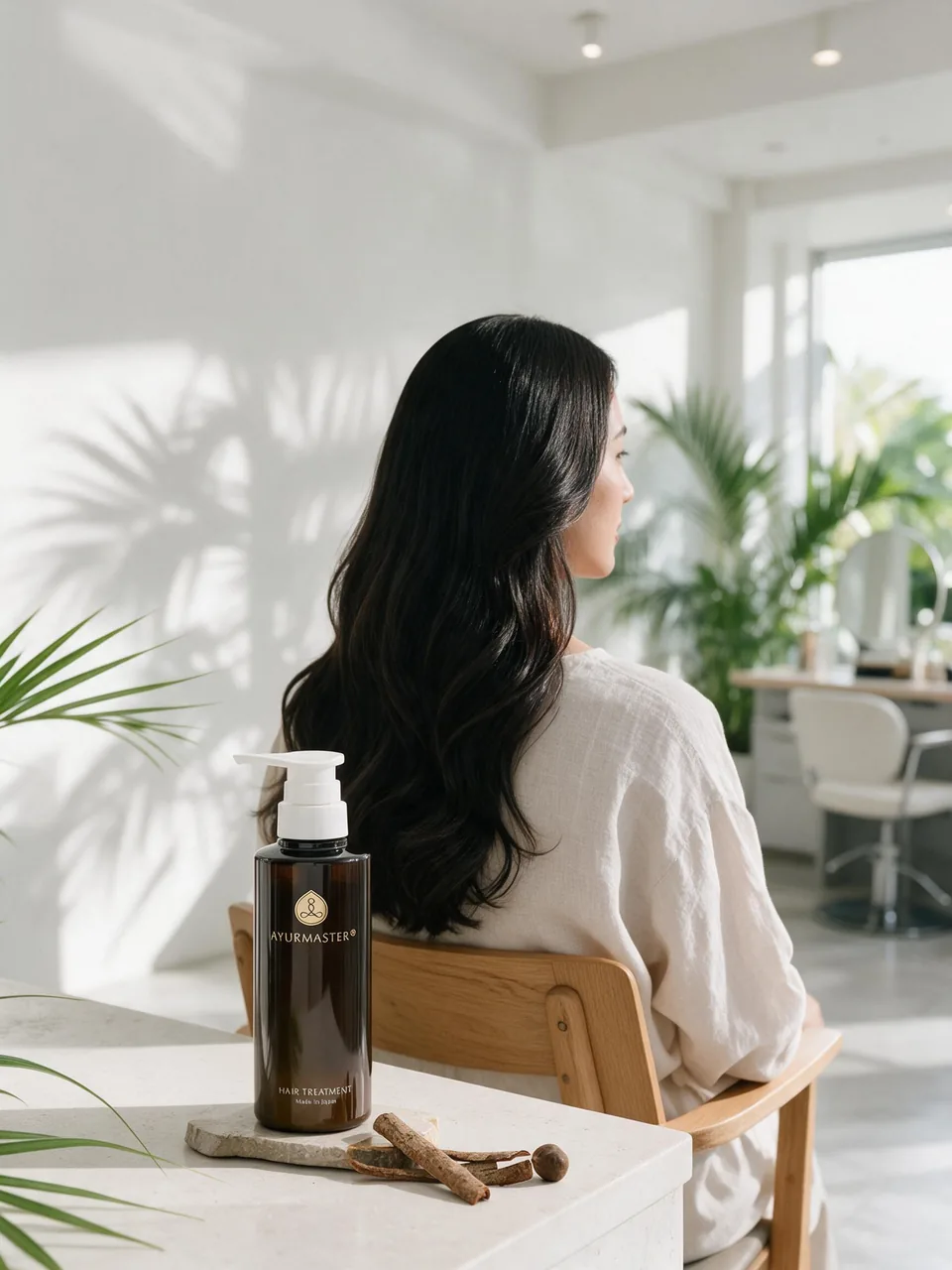 A woman with long, smooth dark hair in a bright salon, with AYURMASTER Hair Treatment on the counter