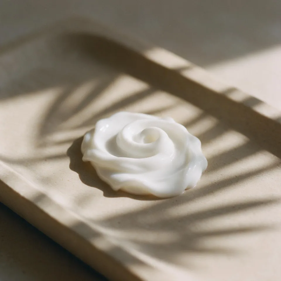 A swirl of white Hair Treatment cream on a stone tray
