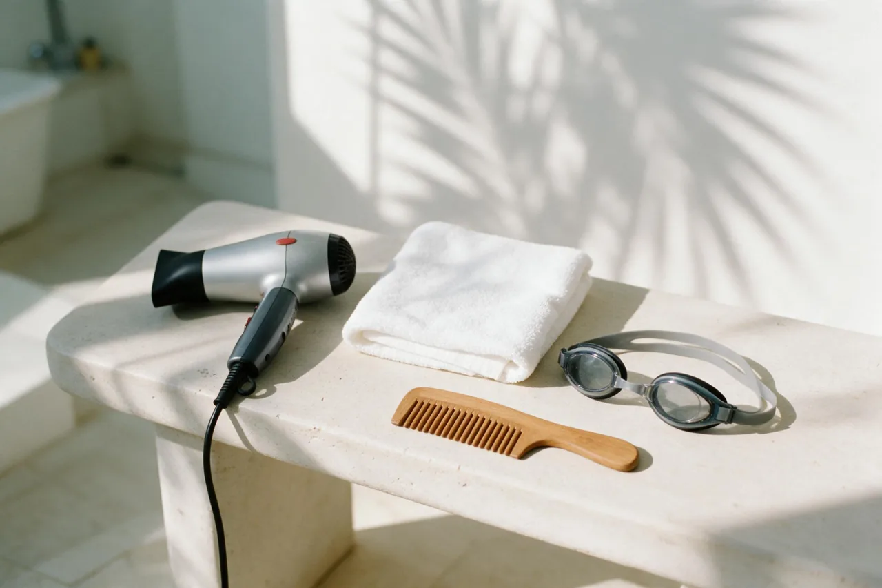 A hair dryer, folded towel, wooden comb and swim goggles on a stone bench